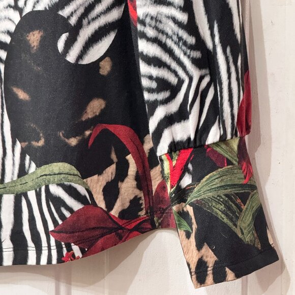 Chico's Sz 2 (L) Women's Knit Top Blouse Long Sleeve Multicolor Floral/Animal - Picture 3 of 9